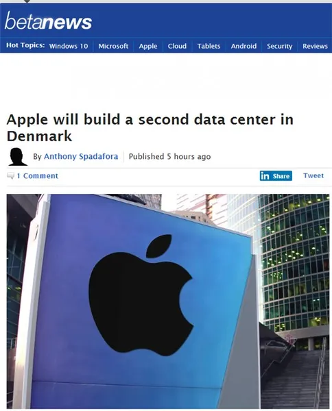 苹果斥资9亿美元在丹麦建数据中心，计划2019年启用
