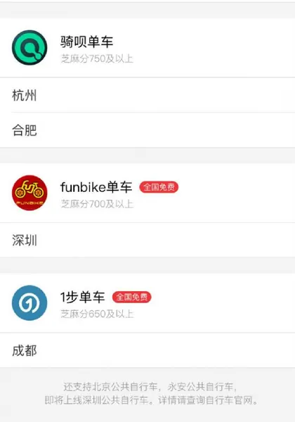 支付宝免费骑共享单车在哪些城市可以用？附城市名单