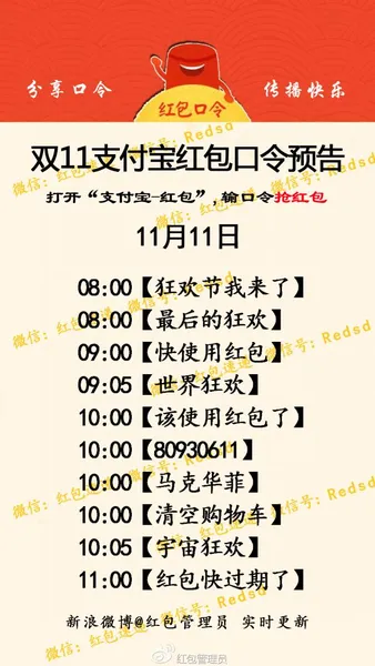 2016双11支付宝红包口令11月11日汇总 支付宝双11密令红包领取【表】