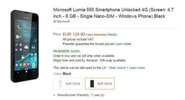 Win 10入门新机Lumia 550开始预售 约938元