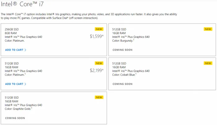 Core i7 Surface笔记本电脑：新的色彩选项，新的选择