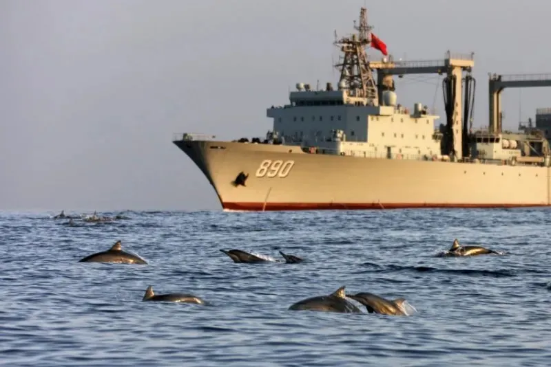 海豚群伴航人民海军护航军舰