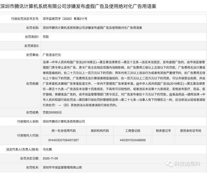 腾讯发布虚假广告被罚20万什么情况？腾讯被罚20万原因真相曝光