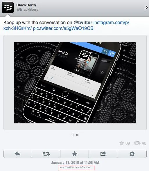 黑莓Twitter官方账号竟用iPhone发帖
