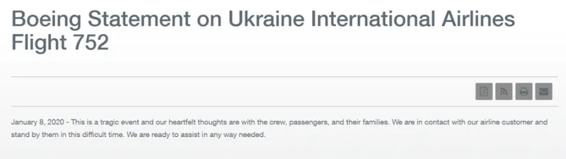 波音回应乌克兰航班坠机事件 波音回应正在收集更多信息
