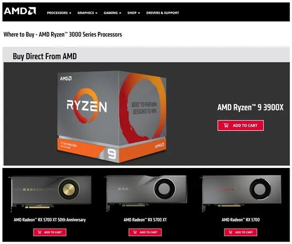 AMD官网开始直接销售Ryzen 9 3900X和RX 5700显卡：当天发货