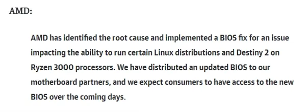 AMD已下放新BIOS：解决锐龙3000平台运行《命运2》和部分Linux发行版问题