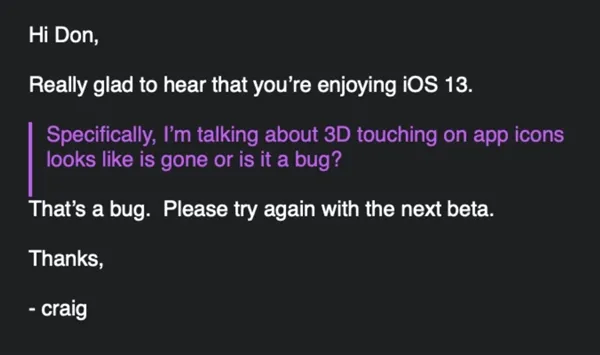 苹果回应iOS 13中无3D Touch不可用：是BUG、下一测试版修复